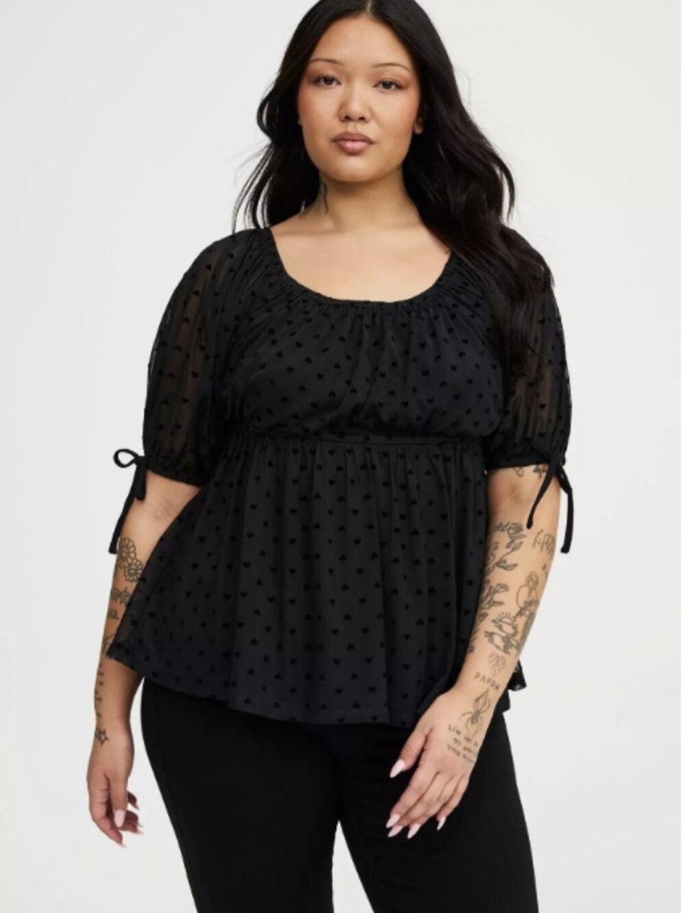 Flocked Mesh Babydoll Top- Torrid